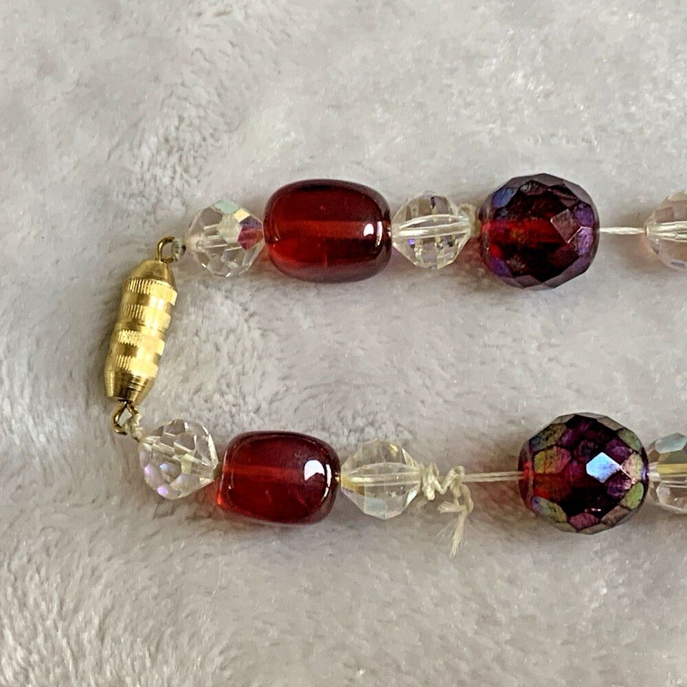Vintage Red Crystal Beaded Y Drop Necklace Aurora Borealis Mid Century 60s - Picture 4 of 9